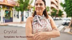  Presentation with street - PPT layouts having middle-age-hispanic-woman-smiling background and a coral colored foreground