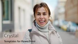  Presentation with street - Presentation theme enhanced with middle-age-hispanic-woman-smiling background and a light gray colored foreground