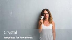  Presentation with smart card - Amazing PPT theme having middle age hispanic woman standing over grey grunge wall holding credit card with a confident expression on smart face thinking serious backdrop and a gray colored foreground