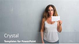  Presentation with smart card - Beautiful PPT theme featuring middle age hispanic woman standing over grey grunge wall holding blank card with a confident expression on smart face thinking serious backdrop and a gray colored foreground