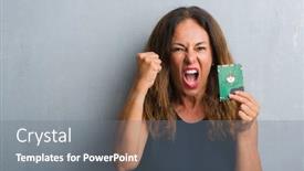  Presentation with yelling - Slide deck consisting of middle age hispanic woman standing over grey grunge wall holding hard drive annoyed and frustrated shouting with anger crazy and yelling with raised hand background and a gray colored foreground