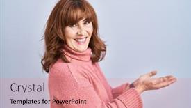  Presentation with woman hands open - PPT theme featuring middle-age-hispanic-woman-standing background and a coral colored foreground