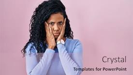  Presentation with sadness - PPT layouts having middle-age-hispanic-woman-standing background and a soft green colored foreground