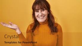  Presentation with hand palm - Theme with middle-age-hispanic-woman-standing background and a gold colored foreground