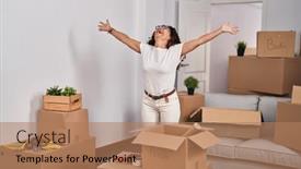  Presentation with new home - Presentation enhanced with middle-age-hispanic-woman-streatching background and a coral colored foreground