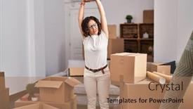  Presentation with new home - PPT layouts featuring middle-age-hispanic-woman-streatching background and a coral colored foreground