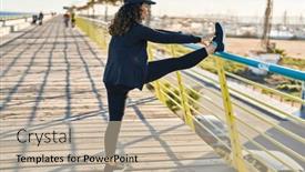  Presentation with stretching - Slide deck consisting of middle-age-hispanic-woman-stretching background and a mint green colored foreground