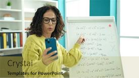  Presentation with online library - PPT layouts enhanced with middle-age-hispanic-woman-teacher background and a yellow colored foreground