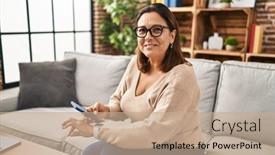  Presentation with smartwatch - PPT theme featuring middle-age-hispanic-woman-using background and a coral colored foreground