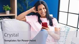  Presentation with smartphone - Presentation theme enhanced with middle-age-hispanic-woman-using and a light gray colored foreground