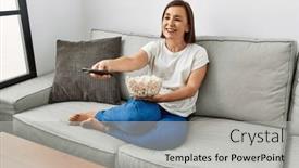  Presentation with movie popcorn - Presentation theme enhanced with middle-age-hispanic-woman-watching background and a  colored foreground