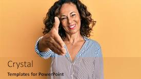  Presentation with business casual - Amazing PPT layouts having middle-age-hispanic-woman-wearing backdrop and a gold colored foreground