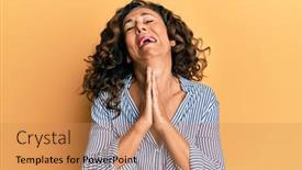  Presentation with praying hands - Colorful PPT layouts enhanced with middle-age-hispanic-woman-wearing backdrop and a coral colored foreground