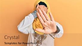  Presentation with woman sad - Presentation theme having middle-age-hispanic-woman-wearing background and a coral colored foreground