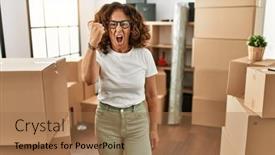  Presentation with new home - Presentation design having middle-age-hispanic-woman-wearing background and a coral colored foreground