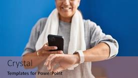  Presentation with smartwatch - Slide deck with middle-age-hispanic-woman-wearing background and a coral colored foreground