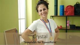  Presentation with gold medal - Slide set featuring middle-age-hispanic-woman-wearing background and a coral colored foreground