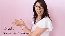  Presentation with woman hands open - PPT theme having middle-age-hispanic-woman-wearing background and a  colored foreground