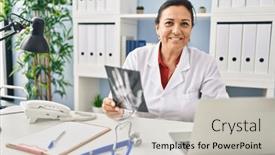  Presentation with xray - Presentation theme having middle-age-hispanic-woman-wearing background and a light gray colored foreground