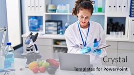  Presentation with working woman - Presentation theme featuring middle-age-hispanic-woman-working background and a light gray colored foreground