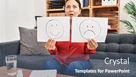  Presentation with woman sad - Presentation featuring middle-age-hispanic-woman-working background and a ocean colored foreground