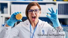  Presentation with mad scientist - Presentation theme having middle-age-hispanic-woman-working background and a light blue colored foreground