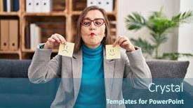  Presentation with paper making - Presentation design consisting of middle-age-hispanic-woman-working background and a ocean colored foreground