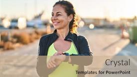  Presentation with smart watch red - Slide set having middle-age-hispanic-woman-working background and a  colored foreground