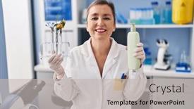  Presentation with cosmetics - Presentation theme featuring middle-age-hispanic-woman-working background and a light gray colored foreground