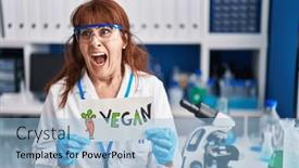  Presentation with vegan - Presentation theme consisting of middle-age-hispanic-woman-working background and a light blue colored foreground