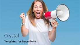  Presentation with yelling - PPT layouts featuring middle age hispanic woman yelling through megaphone over isolated background screaming proud and celebrating victory and success very excited cheering emotion background and a light blue colored foreground