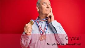  Presentation with champion - Colorful presentation theme enhanced with middle-age-hoary-champion-man backdrop and a red colored foreground