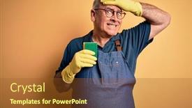  Presentation with cleaning - Presentation theme consisting of middle-age-hoary-cleaner-man background and a tawny brown colored foreground