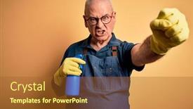  Presentation with sprayer - Colorful presentation theme enhanced with middle-age-hoary-cleaner-man backdrop and a tawny brown colored foreground