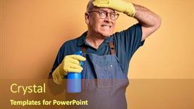  Presentation with sprayer - Audience pleasing presentation consisting of middle-age-hoary-cleaner-man backdrop and a tawny brown colored foreground