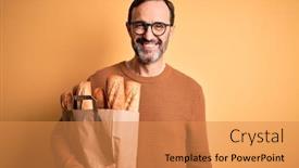  Presentation with yellow paper - Amazing PPT theme having middle-age-hoary-man-holding backdrop and a gold colored foreground