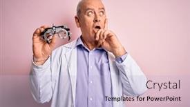  Presentation with optometry - Beautiful presentation design featuring middle-age-hoary-optical-man backdrop and a light blue colored foreground