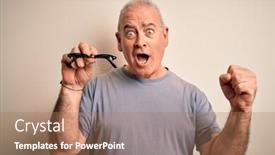  Presentation with optical - Colorful presentation design enhanced with middle-age-hoary-optical-man backdrop and a coral colored foreground