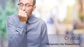  Presentation with anxiety - Slides having middle age hoary senior business man wearing glasses over isolated background looking stressed and nervous with hands on mouth biting nails anxiety problem background and a seafoam green colored foreground