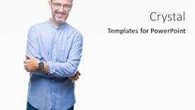  Presentation with camera - Slide deck consisting of middle-age-hoary-senior-man background and a white colored foreground