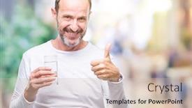  Presentation with drinking glass - Slides having middle age hoary senior man drinking glass of water over isolated background happy with big smile doing ok sign thumb up with fingers excellent sign background and a soft green colored foreground