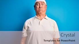  Presentation with sport blue - Slide deck having middle-age-hoary-sportsman-doing background and a soft green colored foreground