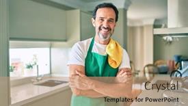  Presentation with housekeeping - Audience pleasing presentation theme consisting of middle-age-housekeeping-man backdrop and a coral colored foreground