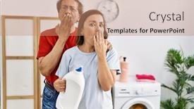  Presentation with laundry detergent - PPT theme featuring middle-age-interracial-couple-doing background and a coral colored foreground