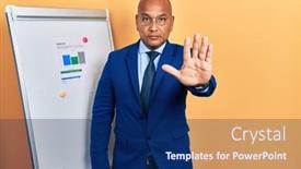  Presentation with hand palm - PPT layouts featuring middle-age-latin-man-wearing background and a navy blue colored foreground