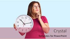  Presentation with clock face - Beautiful theme featuring middle-age-latin-woman-holding backdrop and a red colored foreground