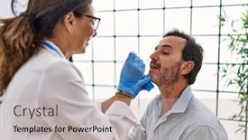  Presentation with covid - Slide deck with middle-age-man-and-woman background and a mint green colored foreground