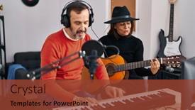  Presentation with piano keyboard - PPT theme enhanced with middle-age-man-and-woman background and a tawny brown colored foreground