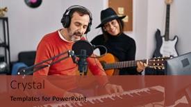  Presentation with piano keyboard - Slide deck with middle-age-man-and-woman background and a tawny brown colored foreground