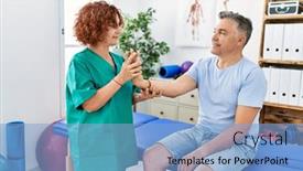  Presentation with rehab clinic - Presentation enhanced with middle-age-man-and-woman background and a light blue colored foreground